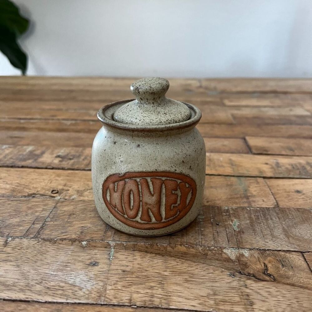 Lidded Honey Pot 4" Stoneware Speckled Beige Matching Lid